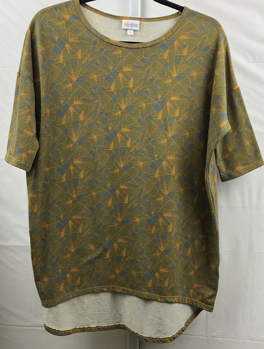 Lularoe Irma Tunic Top Women XS Gold Blue Geo Stretch Hi Low Round Hem Blouse